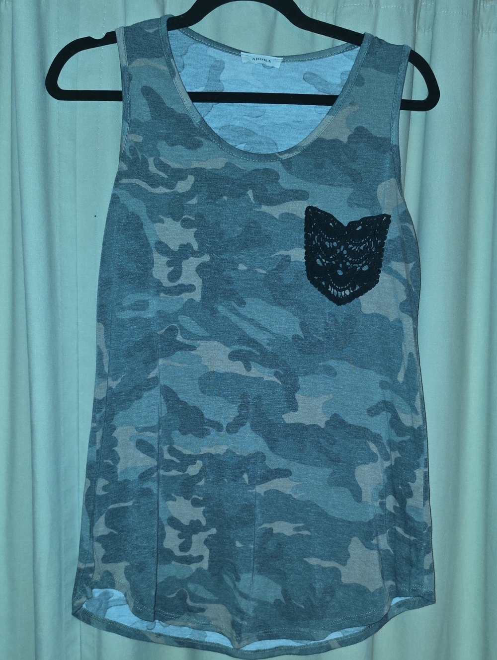 ADORA Gray Camo Tank with Black Lace  Pocket Accent
